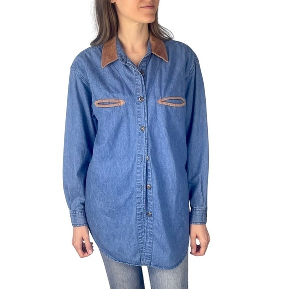 VINTAGE HGNY JEANS LEATHER TRIM DENIM BUTTON DOWN SHIRT - Picture 2 of 13